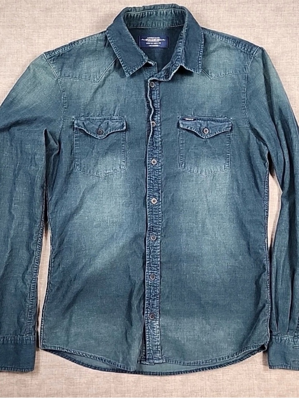 Pull&Bear Men's Denim Button-Down Shirt in Washed Teal Blue